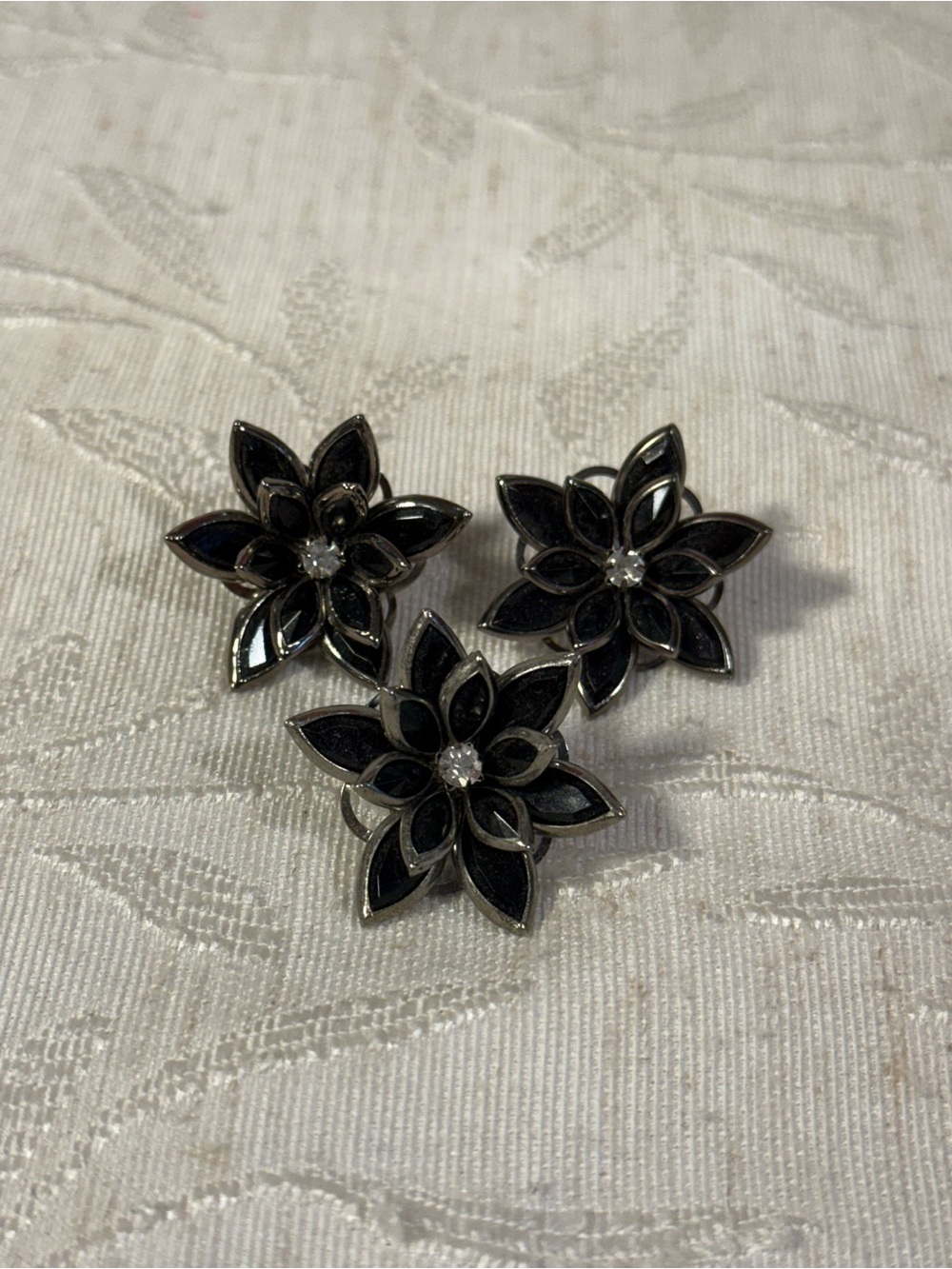Set of 3 Black Stone / Rhinestone 3D Flower Lapel Pins Brooches 1 1/4” ea.